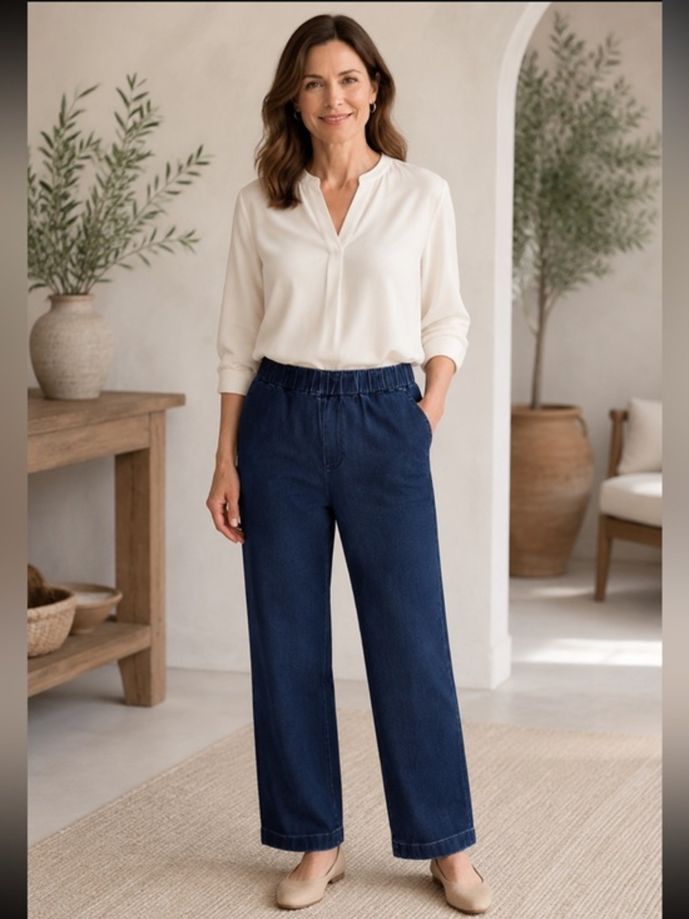 Soft Surroundings Luca Petite Medium Dark Wash Pull-On Wide Leg Jeans PM